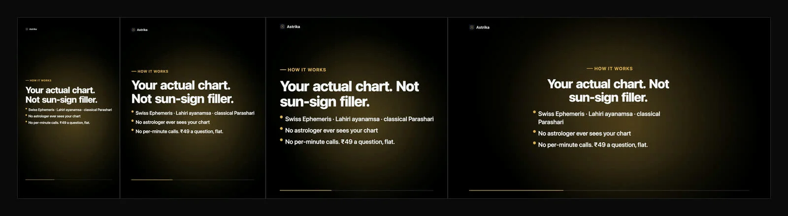 The same ad scene rendered at 9:16, 4:5, 1:1 and 16:9, each with a different layout