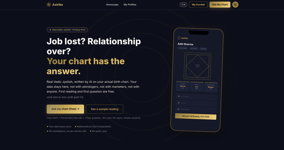 Astrika landing page showing a birth chart with lagna, moon sign and nakshatra