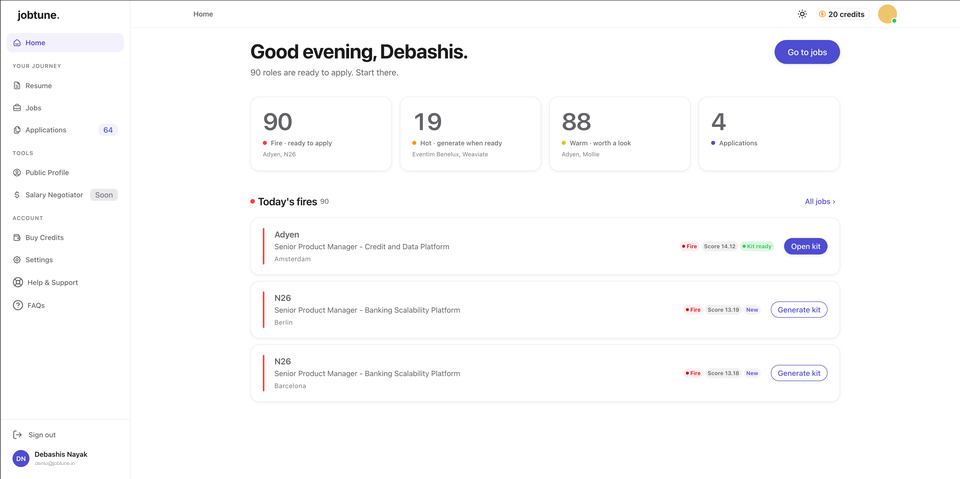 Jobtune dashboard showing ranked roles, fit scores and apply-kit actions